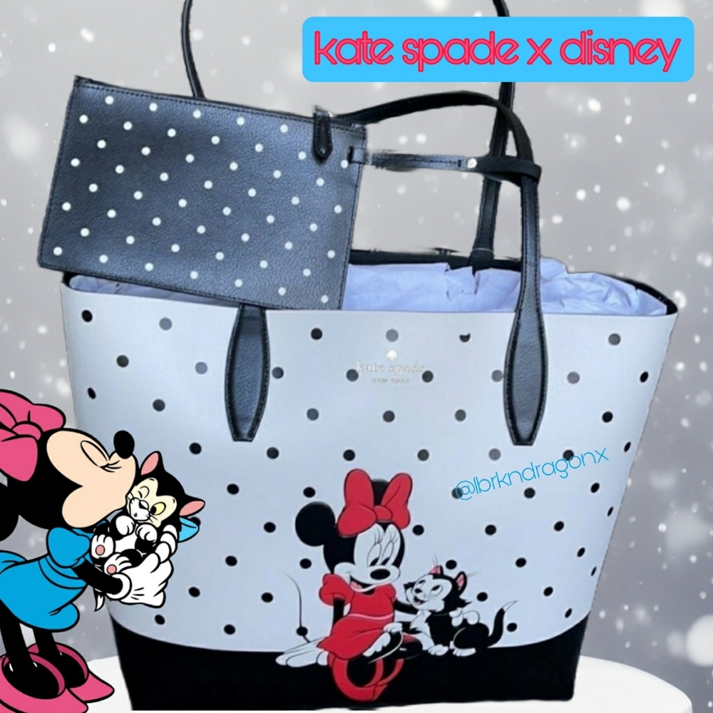 NWT KATE SPADE DISNEY Minnie Mouse & Figaro Reversible Polka Dot Tote & Pouch - Picture 1 of 16